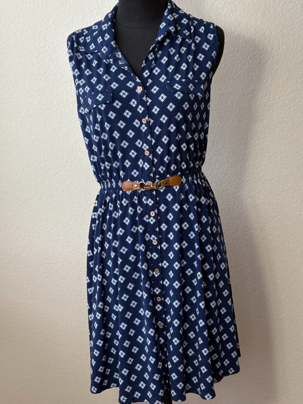 Always Indigo Navy Geometric Sleeveless Belted Shirt Dress Size PM
